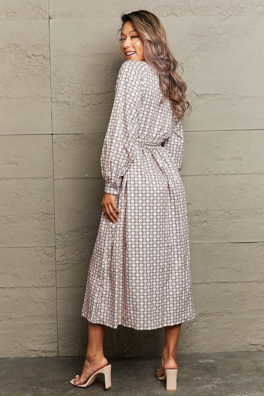 Printed Tie Waist Long Sleeve Dress BLUE ZONE PLANET