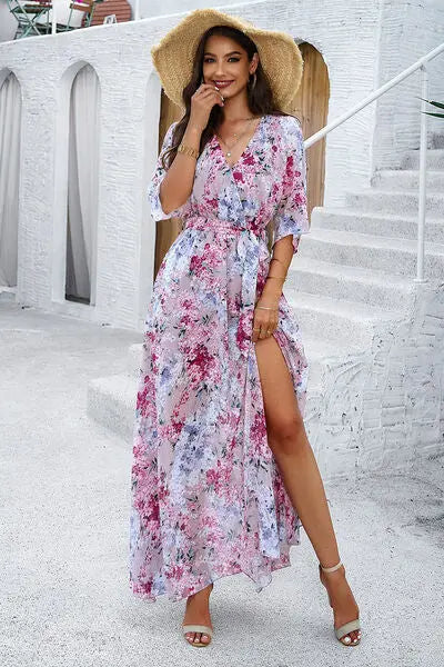 Printed Tied Half Sleeve Slit Dress Trendsi