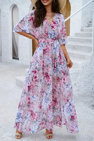 Printed Tied Half Sleeve Slit Dress Trendsi