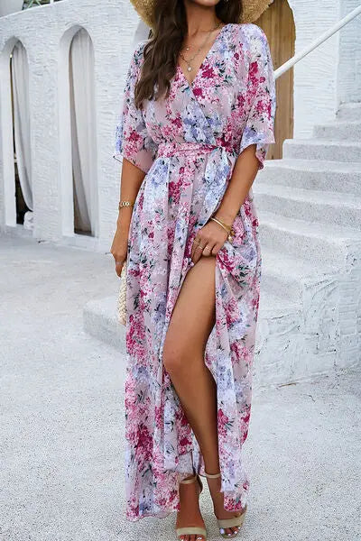 Printed Tied Half Sleeve Slit Dress Trendsi