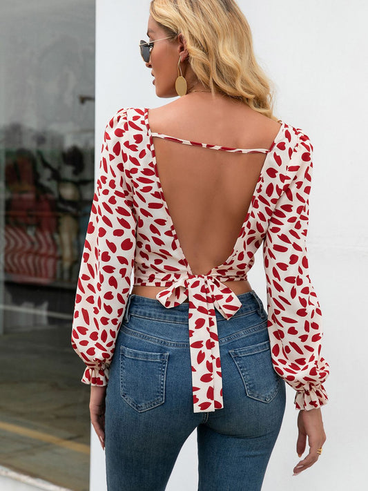 Printed Tied Open Back Square Neck Cropped Blouse-TOPS / DRESSES-[Adult]-[Female]-Deep Red-S-2022 Online Blue Zone Planet