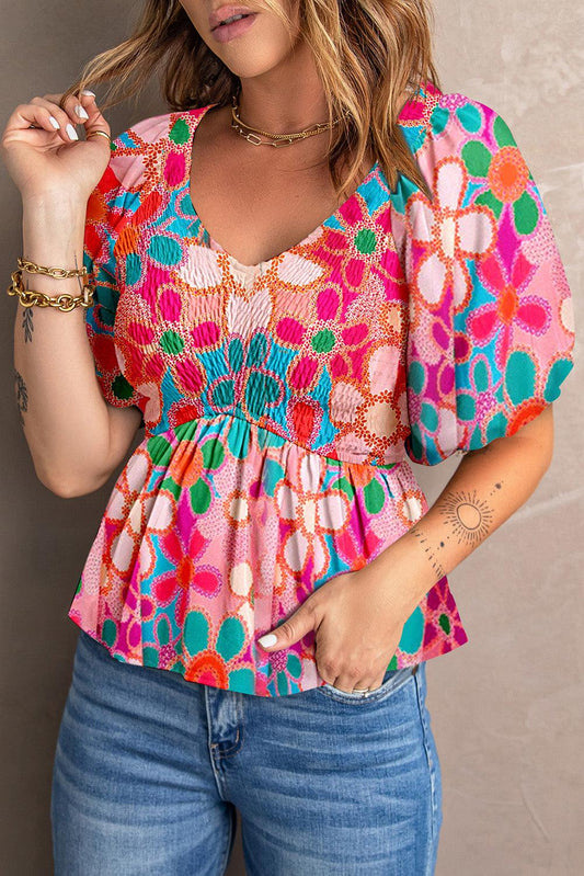 Printed V-Neck Babydoll Blouse BLUE ZONE PLANET