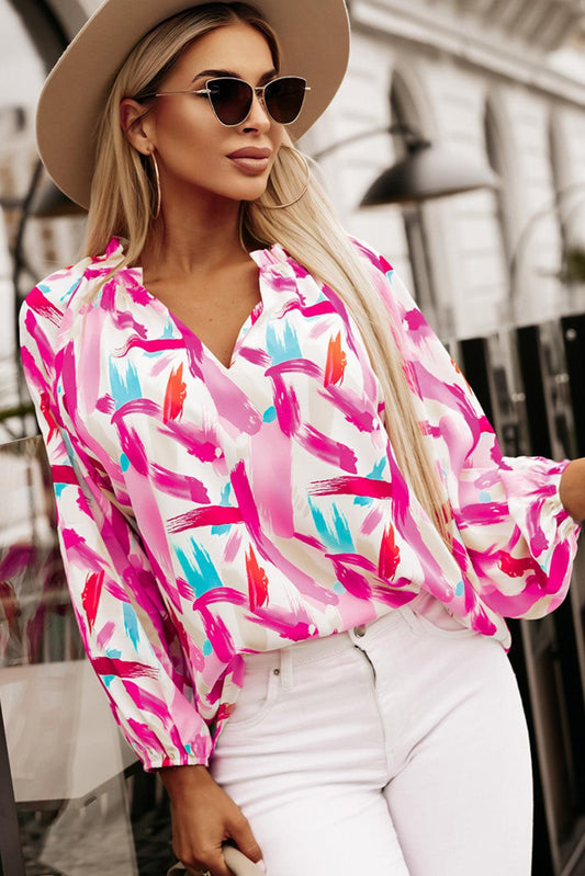 Printed V-Neck Balloon Sleeve Blouse BLUE ZONE PLANET