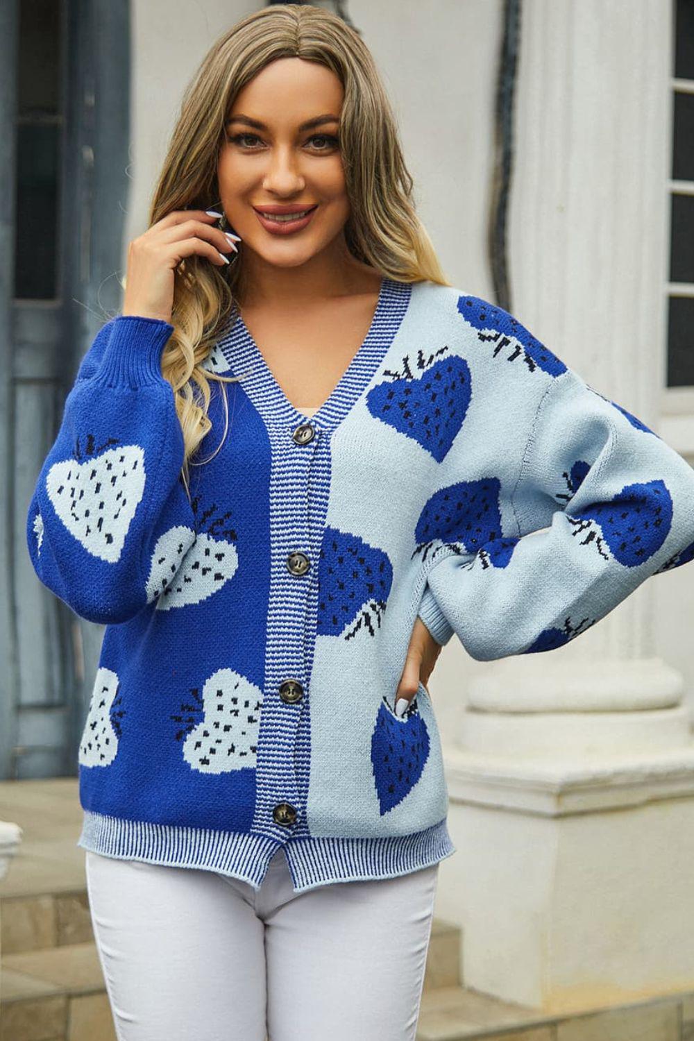 Printed V-Neck Button-Down Long Sleeve Cardigan BLUE ZONE PLANET