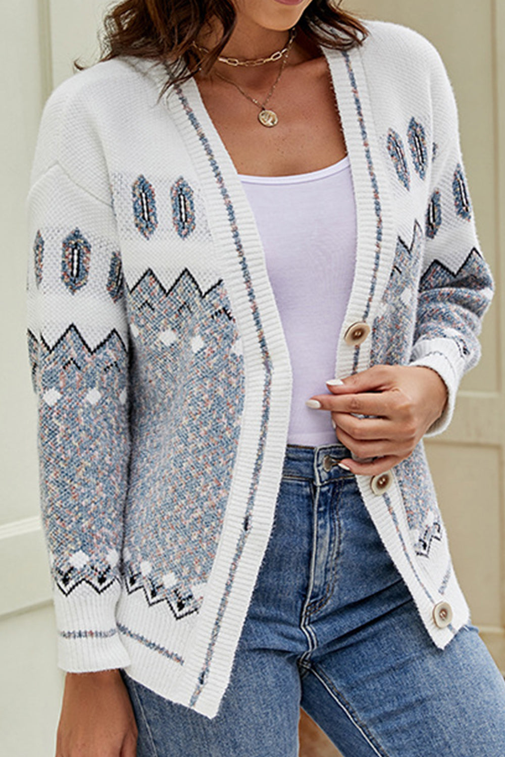 Printed V-Neck Buttoned Cardigan BLUE ZONE PLANET