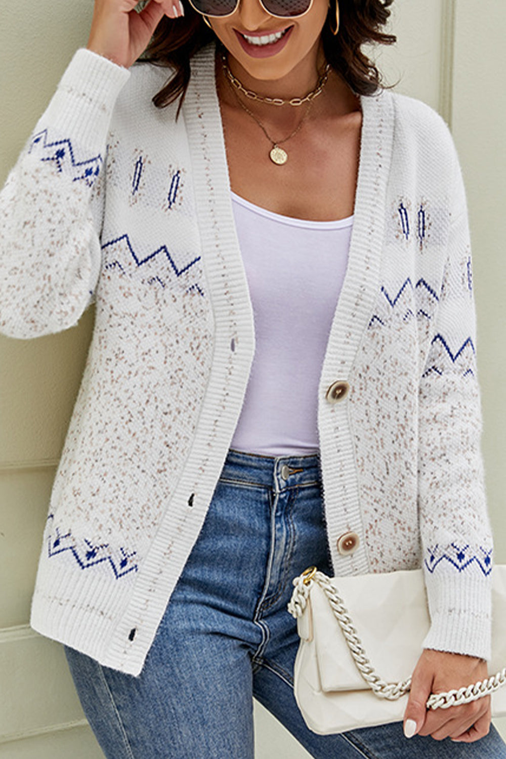 Printed V-Neck Buttoned Cardigan BLUE ZONE PLANET