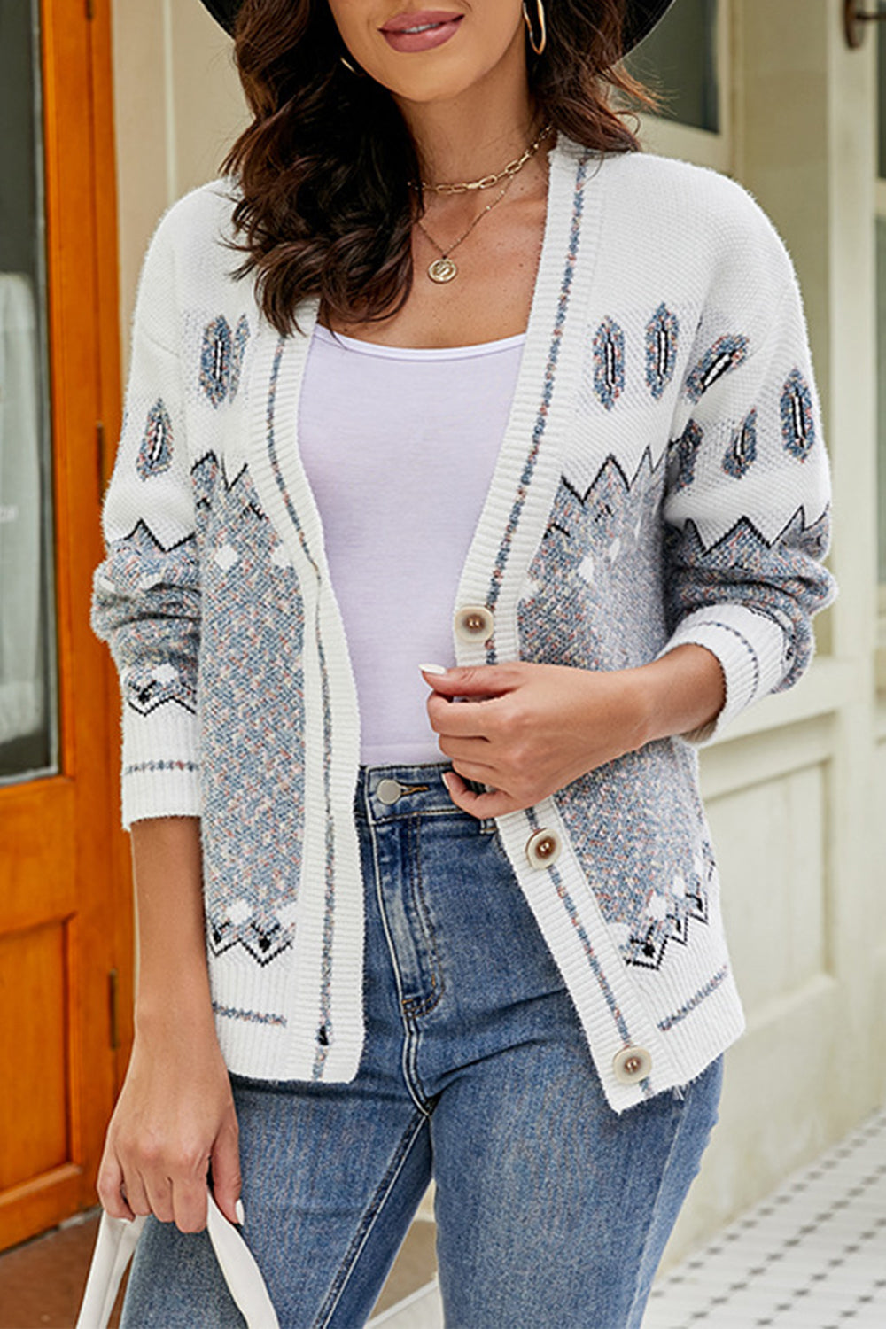 Printed V-Neck Buttoned Cardigan BLUE ZONE PLANET