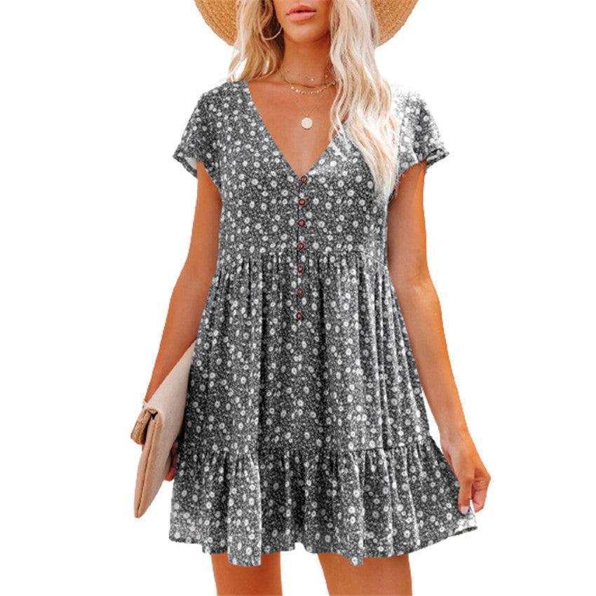 Printed V-Neck Buttoned Short Sleeve Mini Dress BLUE ZONE PLANET