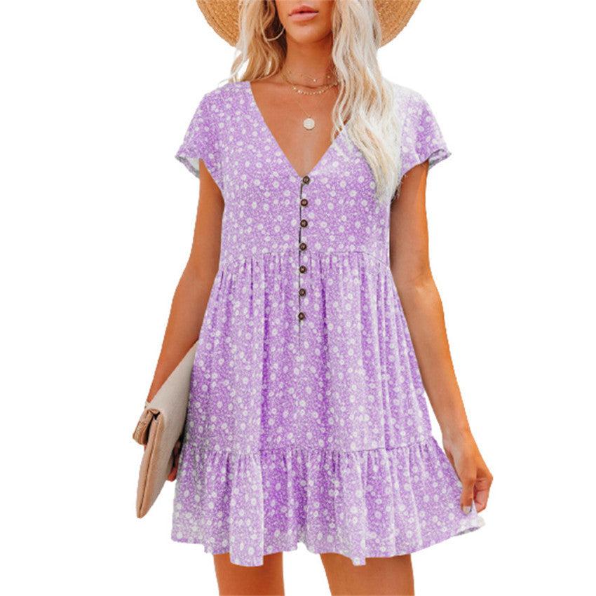 Printed V-Neck Buttoned Short Sleeve Mini Dress BLUE ZONE PLANET