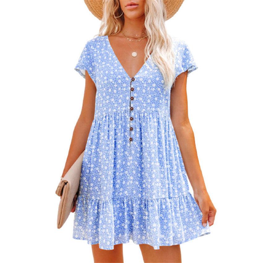 Printed V-Neck Buttoned Short Sleeve Mini Dress BLUE ZONE PLANET