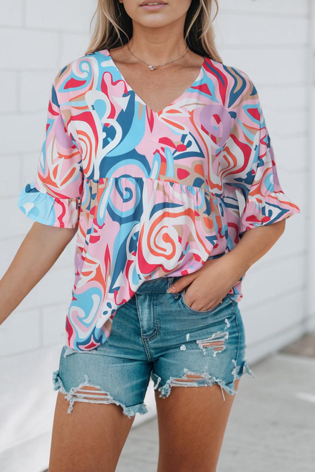 Printed V-Neck Flounce Sleeve Blouse BLUE ZONE PLANET