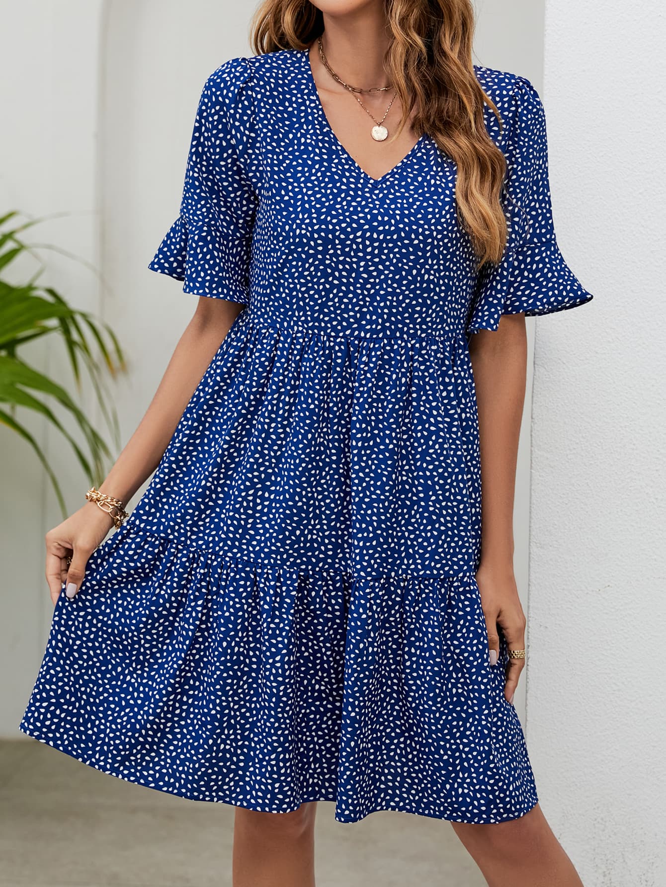 Printed V-Neck Knee-Length Dress BLUE ZONE PLANET