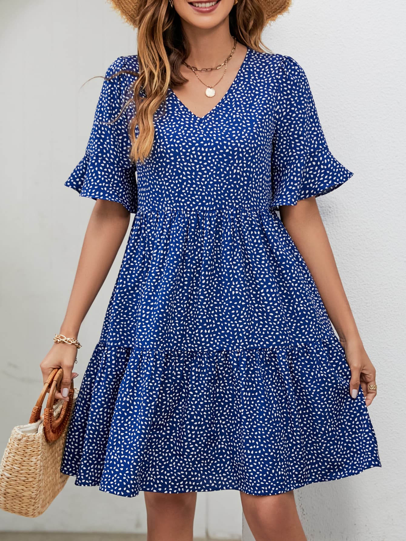 Printed V-Neck Knee-Length Dress BLUE ZONE PLANET