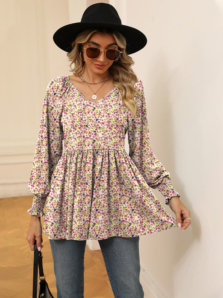 Printed V-Neck Lantern Sleeve Blouse BLUE ZONE PLANET