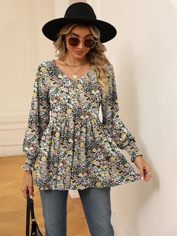 Printed V-Neck Lantern Sleeve Blouse BLUE ZONE PLANET