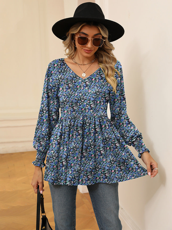 Printed V-Neck Lantern Sleeve Blouse BLUE ZONE PLANET