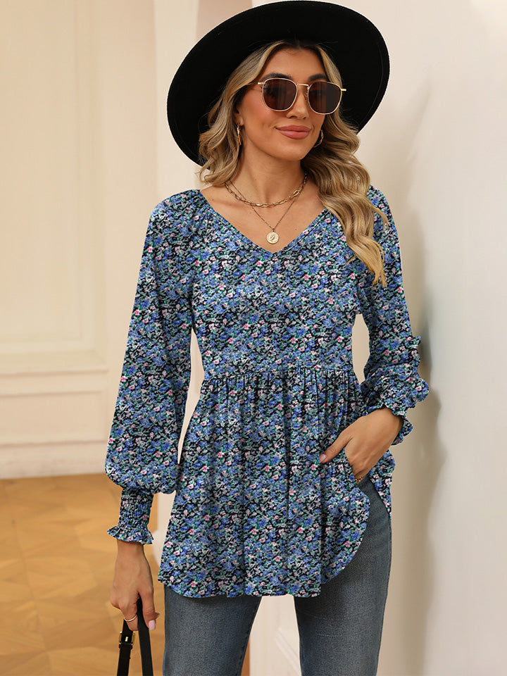 Printed V-Neck Lantern Sleeve Blouse BLUE ZONE PLANET