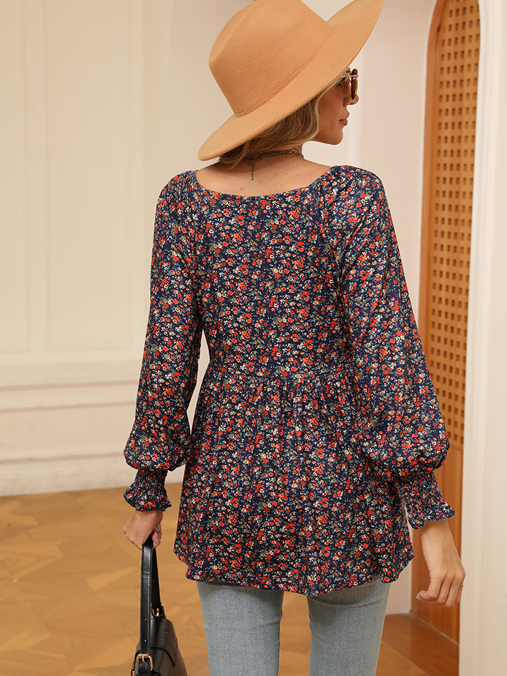 Printed V-Neck Lantern Sleeve Blouse BLUE ZONE PLANET