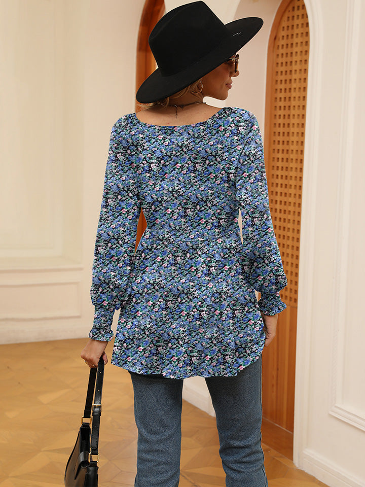 Printed V-Neck Lantern Sleeve Blouse BLUE ZONE PLANET