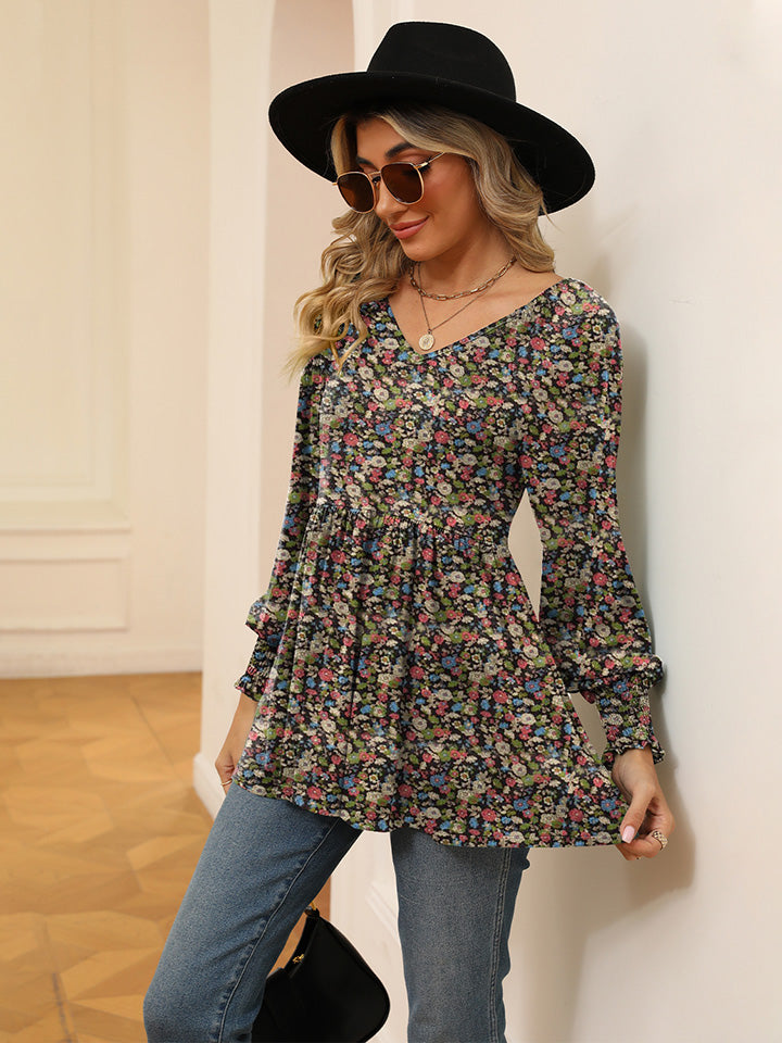 Printed V-Neck Lantern Sleeve Blouse BLUE ZONE PLANET