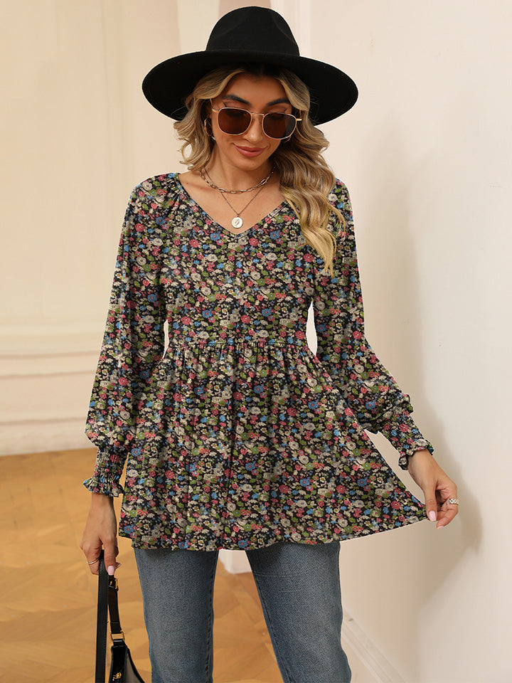 Printed V-Neck Lantern Sleeve Blouse BLUE ZONE PLANET