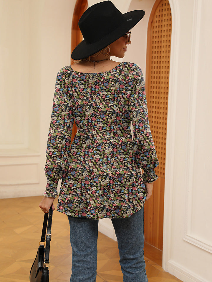 Printed V-Neck Lantern Sleeve Blouse BLUE ZONE PLANET