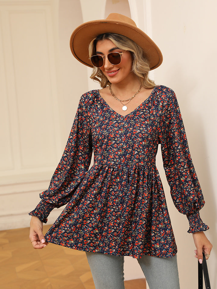 Printed V-Neck Lantern Sleeve Blouse BLUE ZONE PLANET