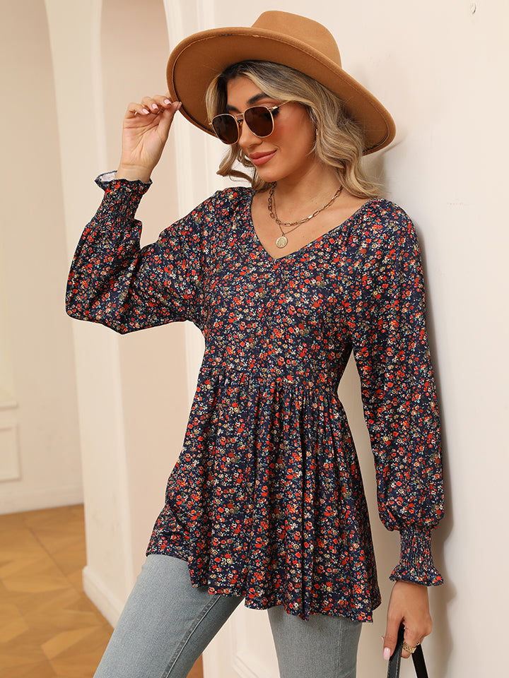 Printed V-Neck Lantern Sleeve Blouse BLUE ZONE PLANET