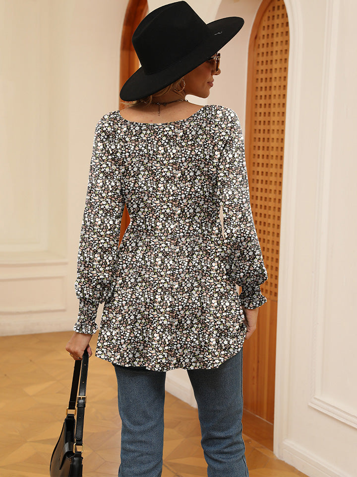 Printed V-Neck Lantern Sleeve Blouse BLUE ZONE PLANET