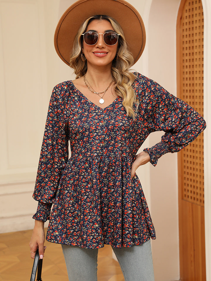 Printed V-Neck Lantern Sleeve Blouse BLUE ZONE PLANET