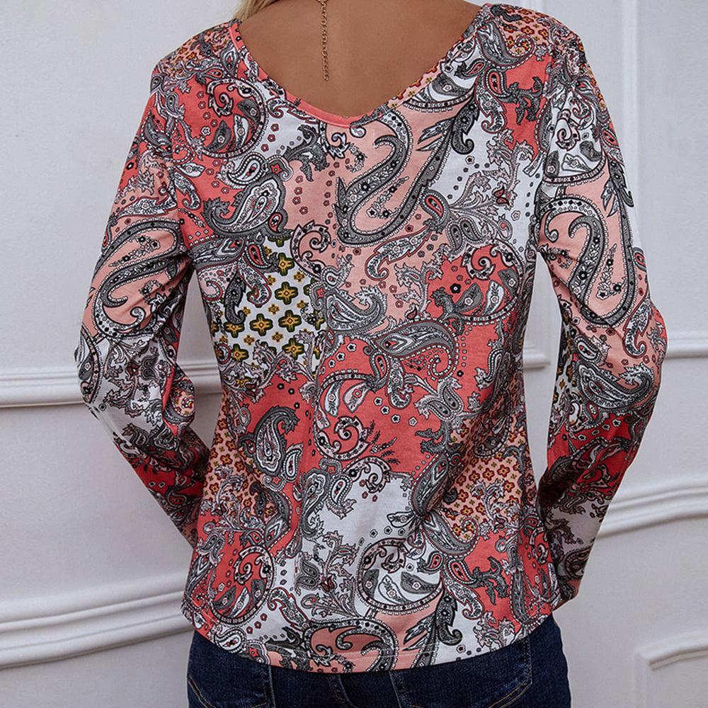 Printed V-Neck Long Sleeve Blouse BLUE ZONE PLANET