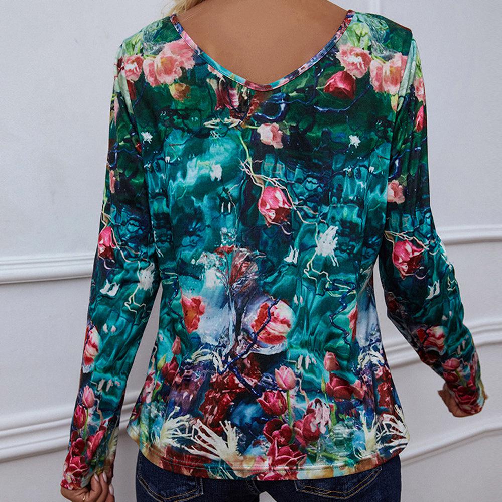 Printed V-Neck Long Sleeve Blouse BLUE ZONE PLANET