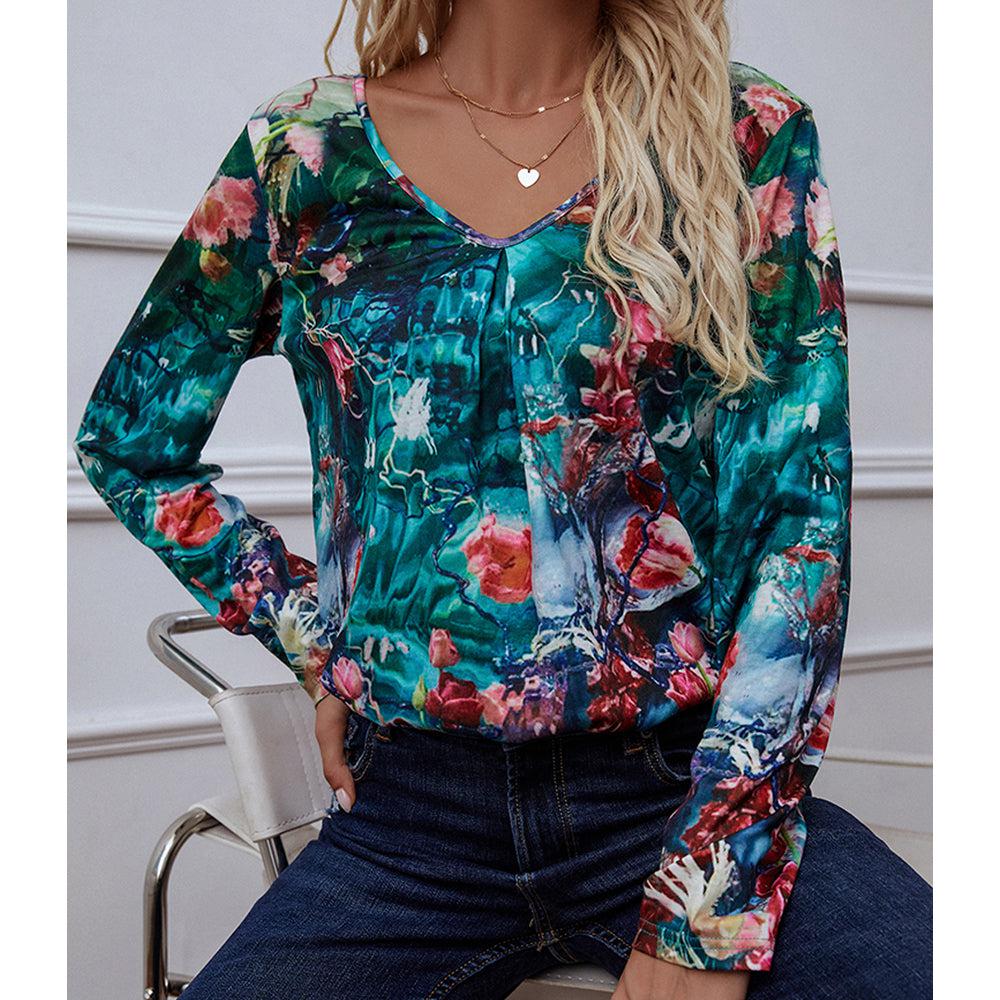 Printed V-Neck Long Sleeve Blouse BLUE ZONE PLANET