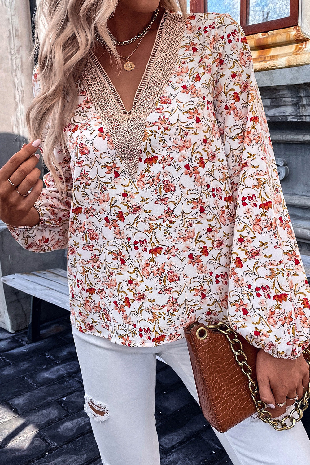 Printed V-Neck Long Sleeve Blouse BLUE ZONE PLANET