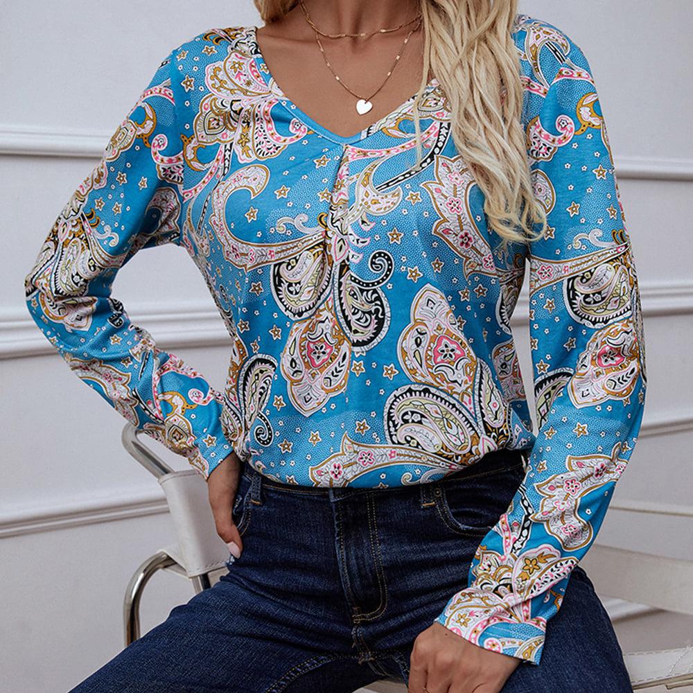 Printed V-Neck Long Sleeve Blouse BLUE ZONE PLANET