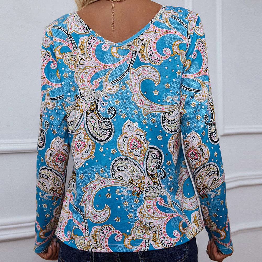 Printed V-Neck Long Sleeve Blouse BLUE ZONE PLANET