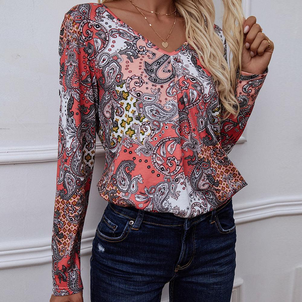 Printed V-Neck Long Sleeve Blouse BLUE ZONE PLANET