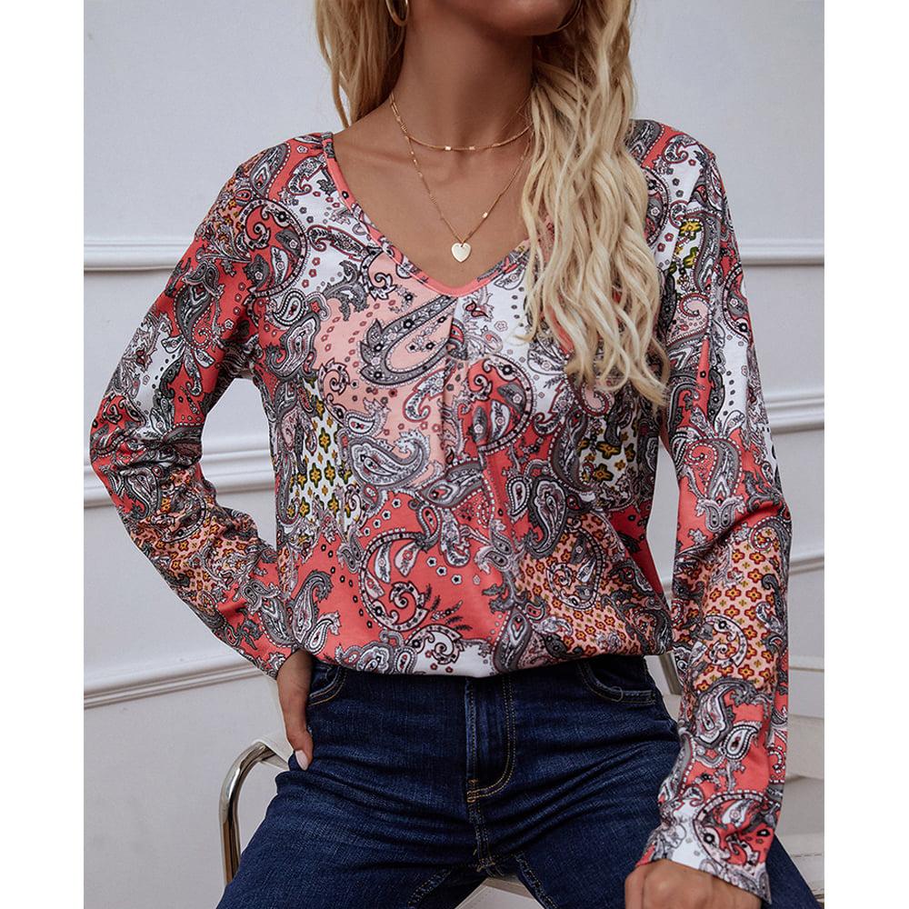 Printed V-Neck Long Sleeve Blouse BLUE ZONE PLANET