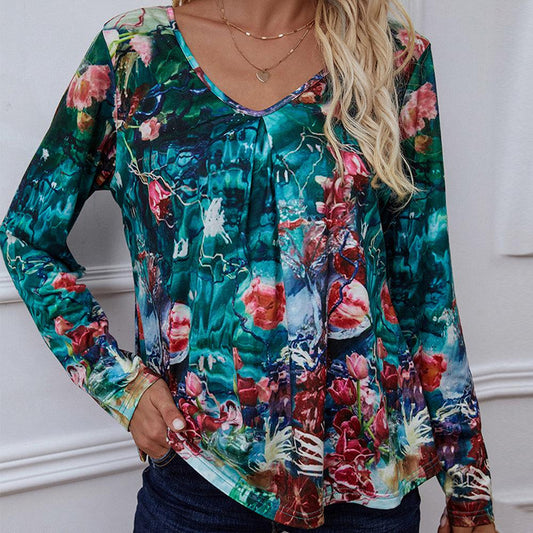 Printed V-Neck Long Sleeve Blouse BLUE ZONE PLANET