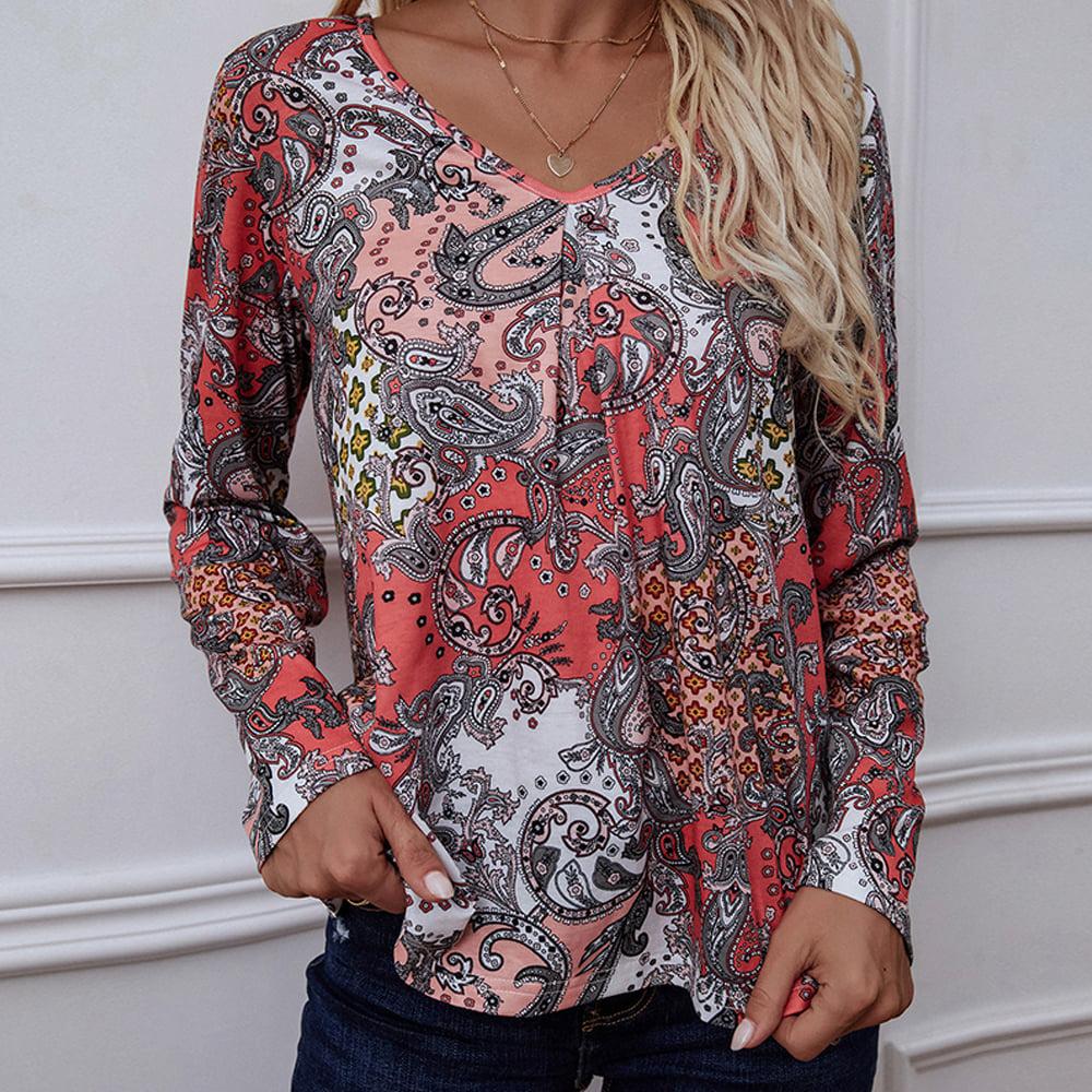 Printed V-Neck Long Sleeve Blouse BLUE ZONE PLANET