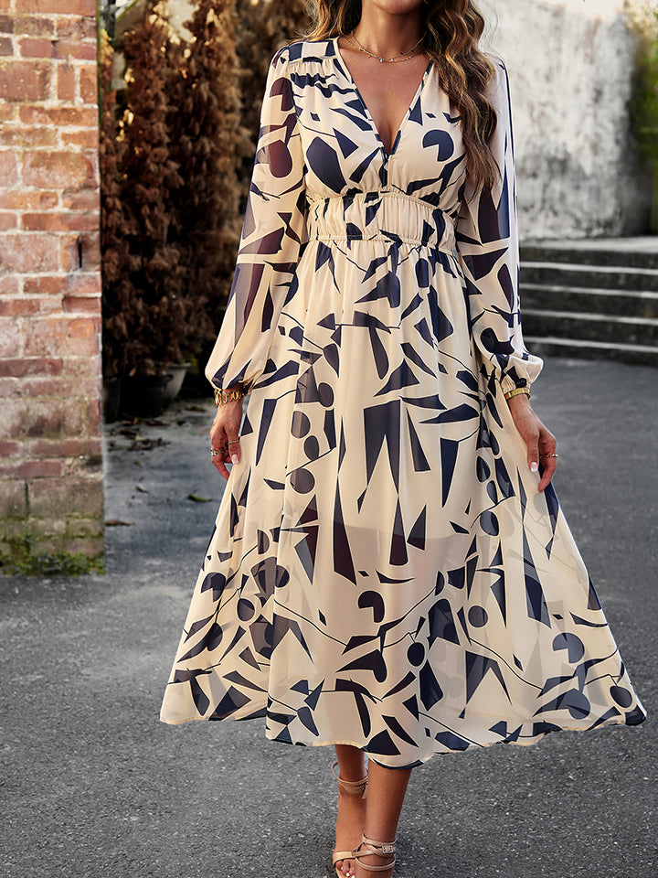 Printed V-Neck Long Sleeve Midi Dress BLUE ZONE PLANET