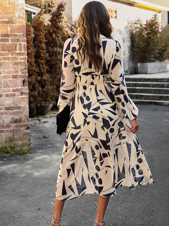 Printed V-Neck Long Sleeve Midi Dress BLUE ZONE PLANET