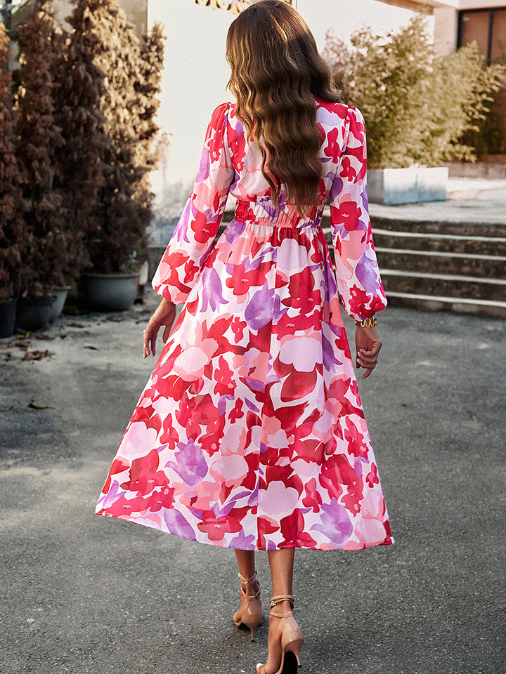 Printed V-Neck Long Sleeve Midi Dress BLUE ZONE PLANET