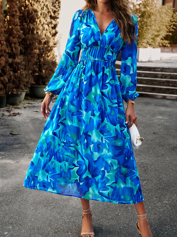 Printed V-Neck Long Sleeve Midi Dress BLUE ZONE PLANET