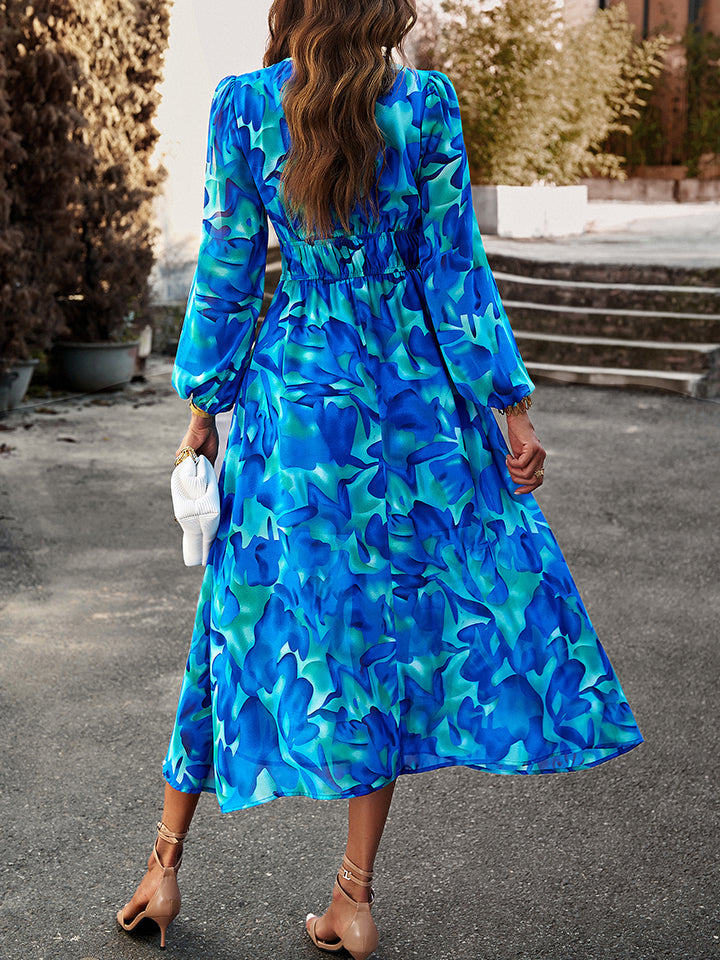 Printed V-Neck Long Sleeve Midi Dress BLUE ZONE PLANET