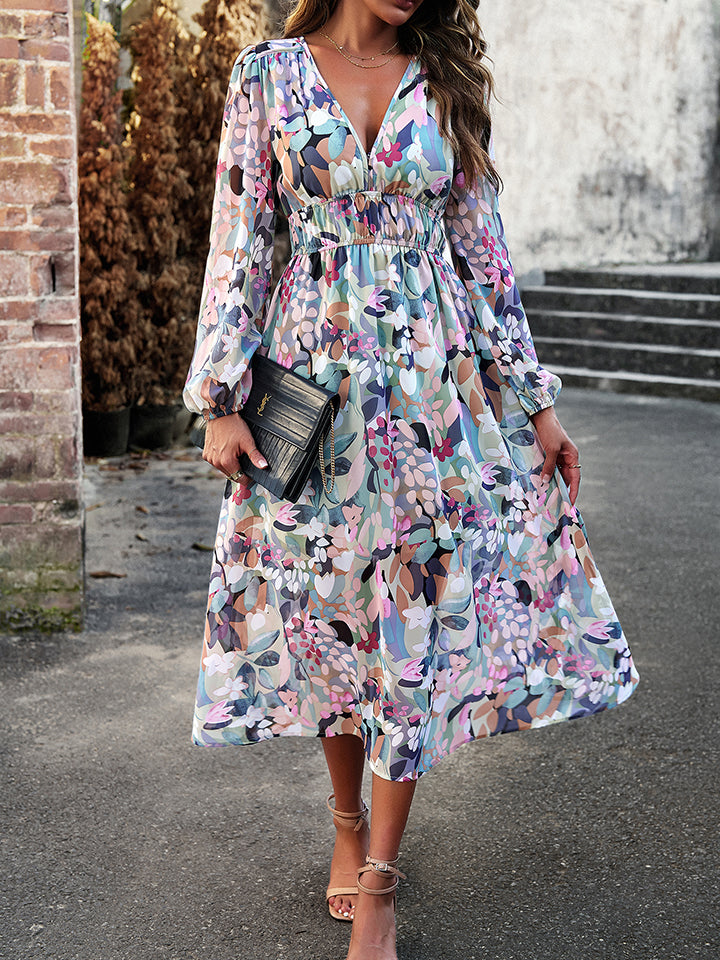 Printed V-Neck Long Sleeve Midi Dress BLUE ZONE PLANET