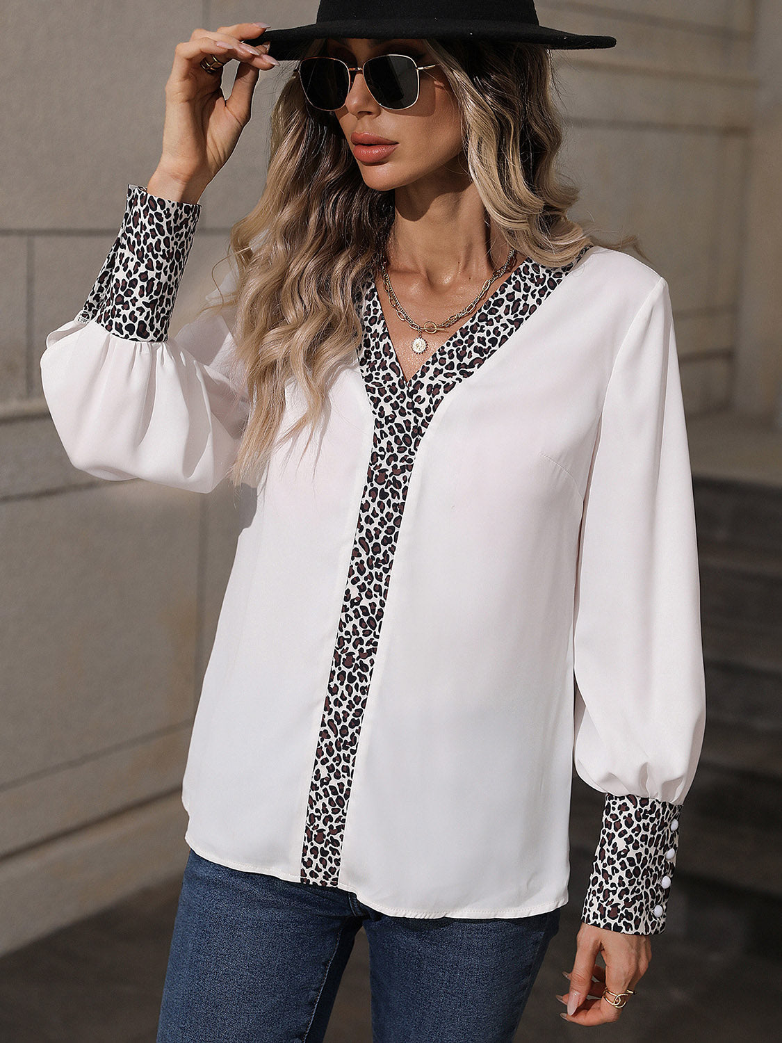 Printed V-Neck Long Sleeve Shirt-TOPS / DRESSES-[Adult]-[Female]-2022 Online Blue Zone Planet
