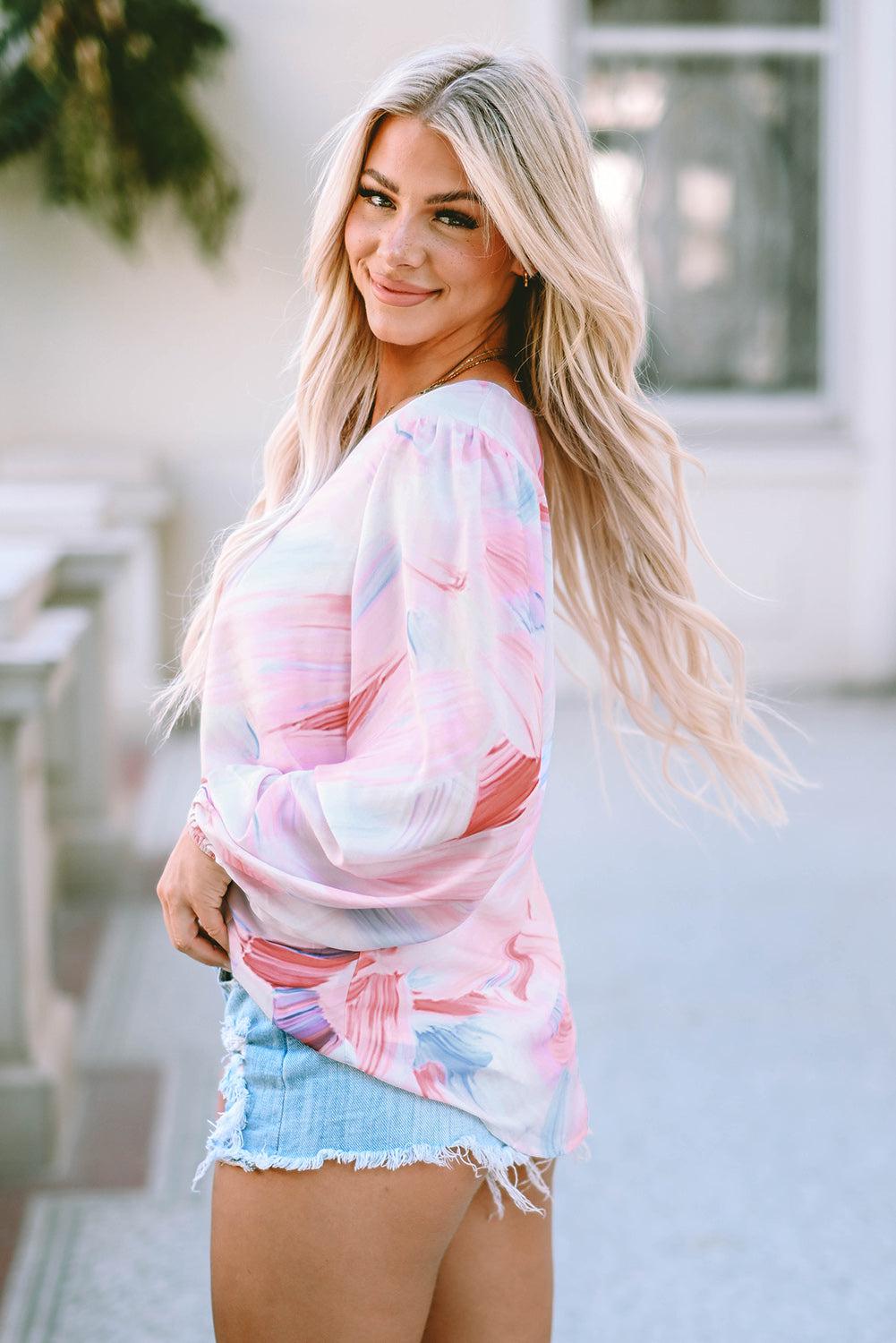 Printed V-Neck Puff Sleeve Blouse BLUE ZONE PLANET