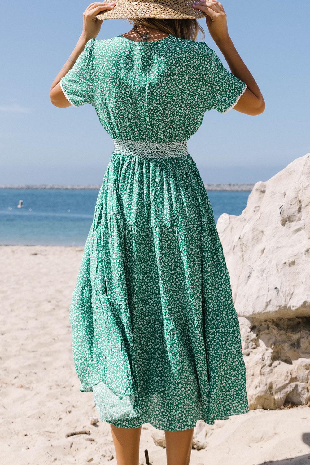 Printed V-Neck Short Sleeve Dress BLUE ZONE PLANET