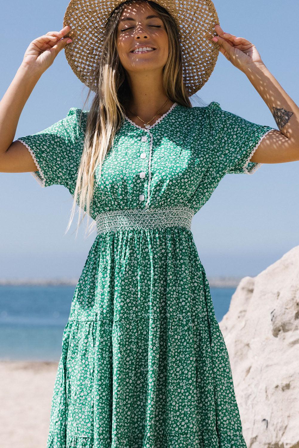 Printed V-Neck Short Sleeve Dress BLUE ZONE PLANET